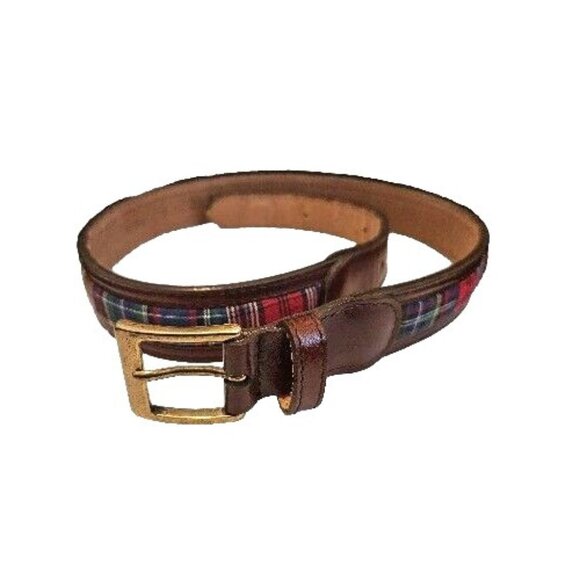 Fossil Preppy Christmas Tartan Plaid Brown Leather Belt Mens Size Small - Picture 1 of 5